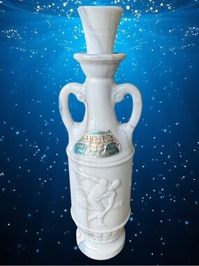 Vtg 1971 Jim Beam Discus Bottle Decanter White Marble Milk Glass Greek Olympian